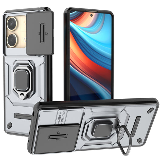 For Xiaomi Redmi Note 13R Pro 5G Case Slim-Fit Kickstand Cover with Slide Camera Lid - Grey