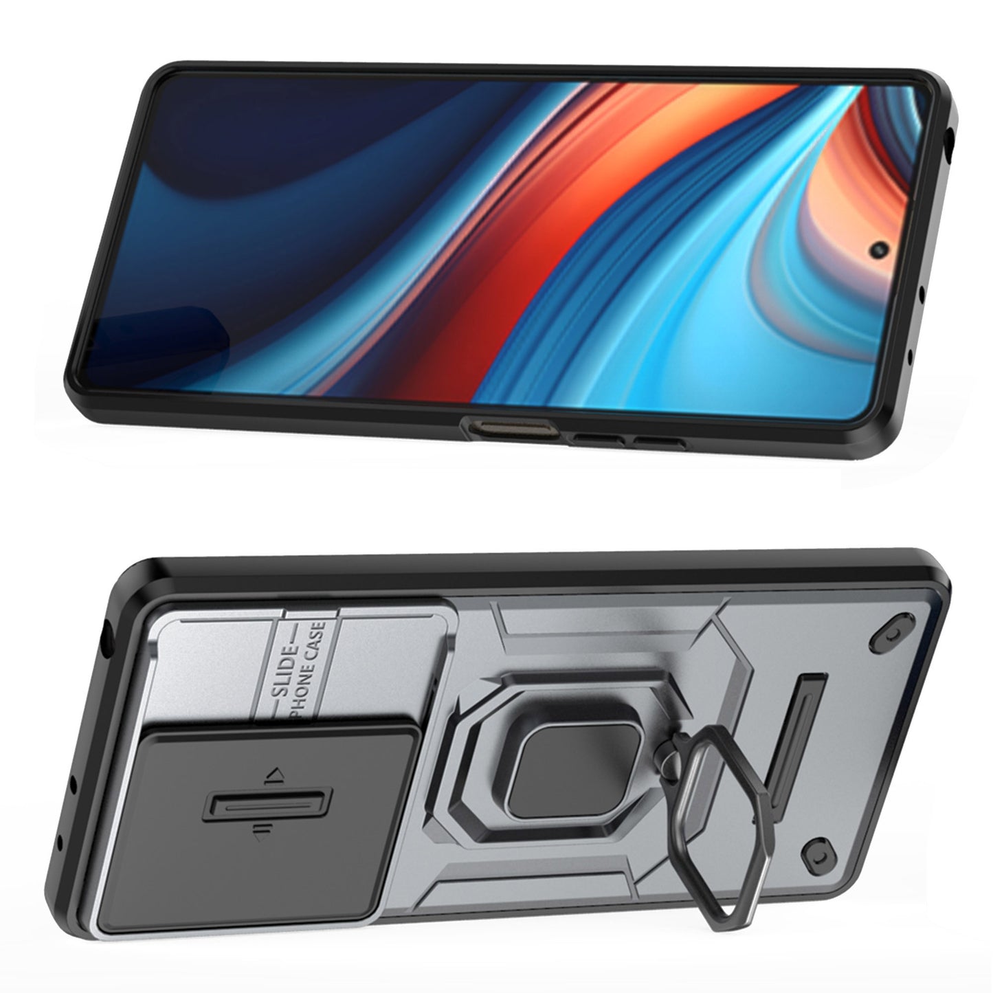 For Xiaomi Redmi Note 13R Pro 5G Case Slim-Fit Kickstand Cover with Slide Camera Lid - Grey