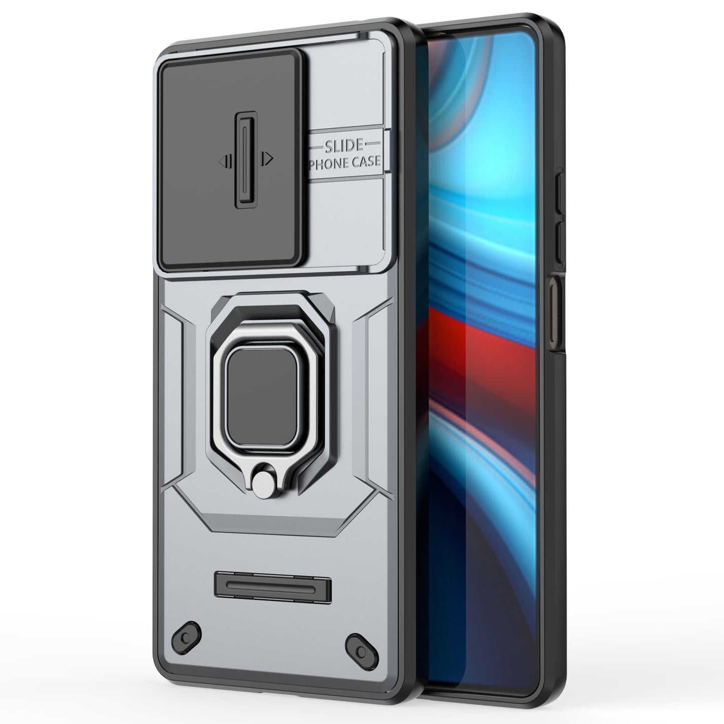 For Xiaomi Redmi Note 13R Pro 5G Case Slim-Fit Kickstand Cover with Slide Camera Lid - Grey