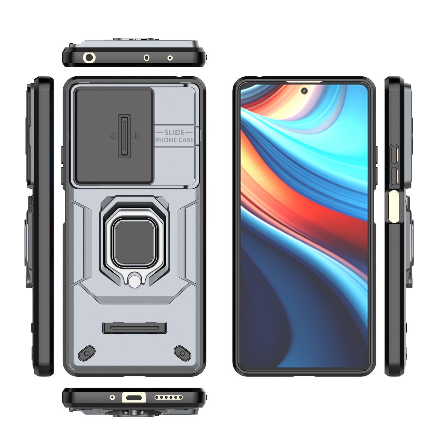 For Xiaomi Redmi Note 13R Pro 5G Case Slim-Fit Kickstand Cover with Slide Camera Lid - Grey