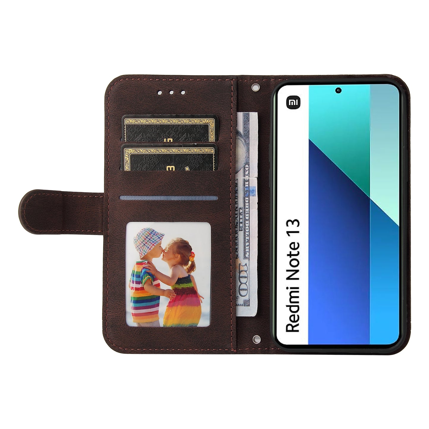 For Xiaomi Redmi Note 13 4G Skin-Feel Leather Case Wallet Stand Phone Cover - Brown