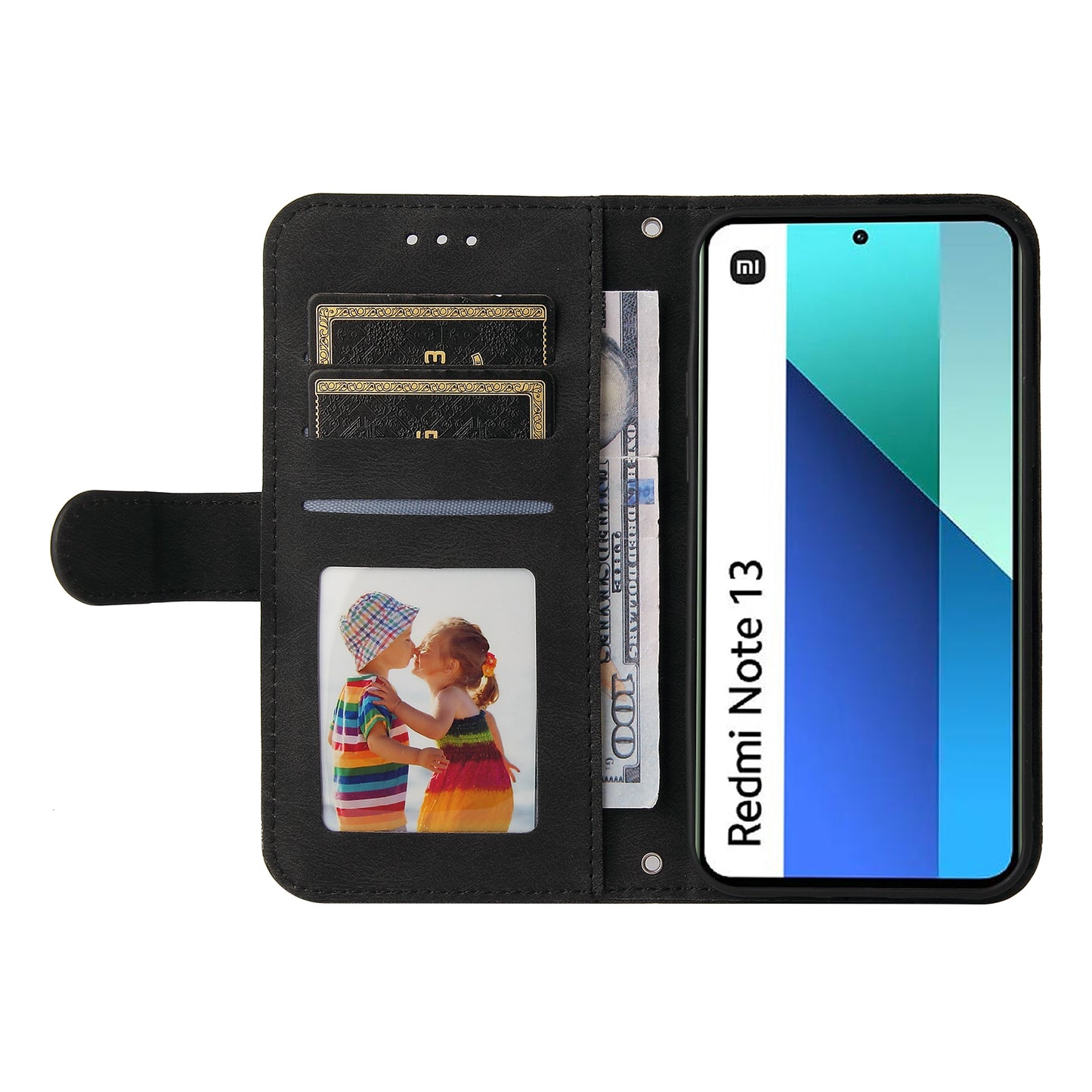 For Xiaomi Redmi Note 13 4G Skin-Feel Leather Case Wallet Stand Phone Cover - Black