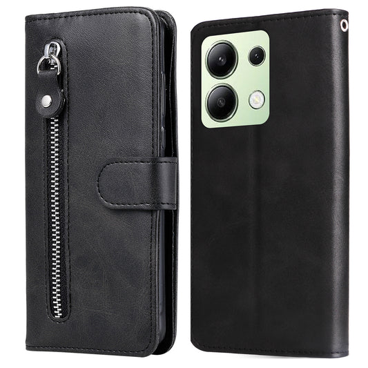 For Xiaomi Redmi Note 13 4G Wallet Case Zipper Pocket PU Leather Phone Cover - Black