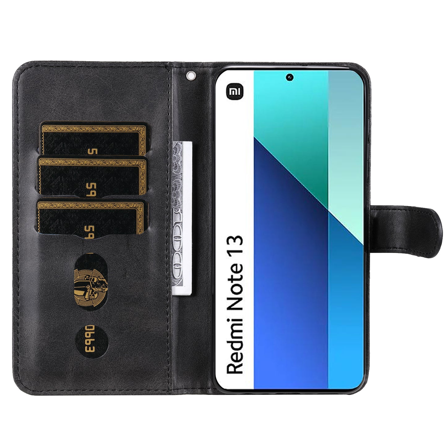 For Xiaomi Redmi Note 13 4G Wallet Case Zipper Pocket PU Leather Phone Cover - Black
