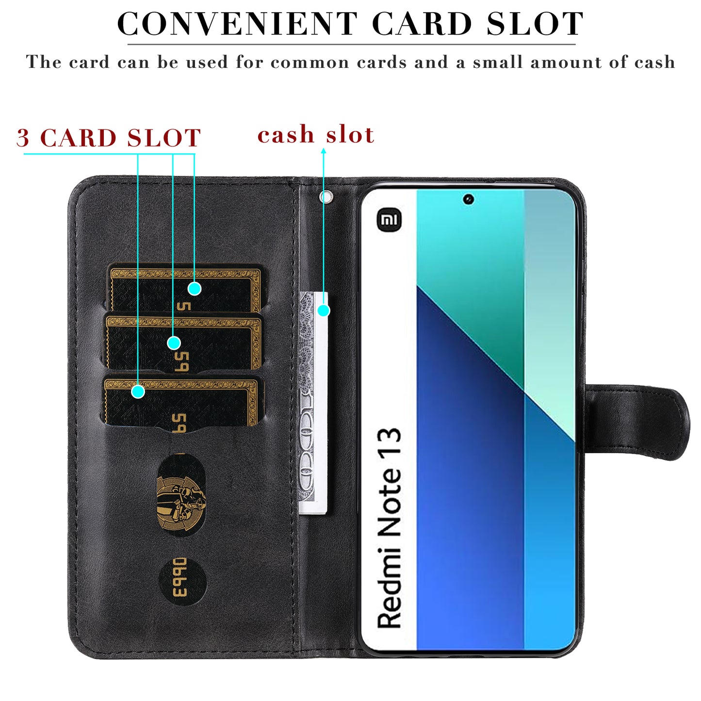 For Xiaomi Redmi Note 13 4G Wallet Case Zipper Pocket PU Leather Phone Cover - Black