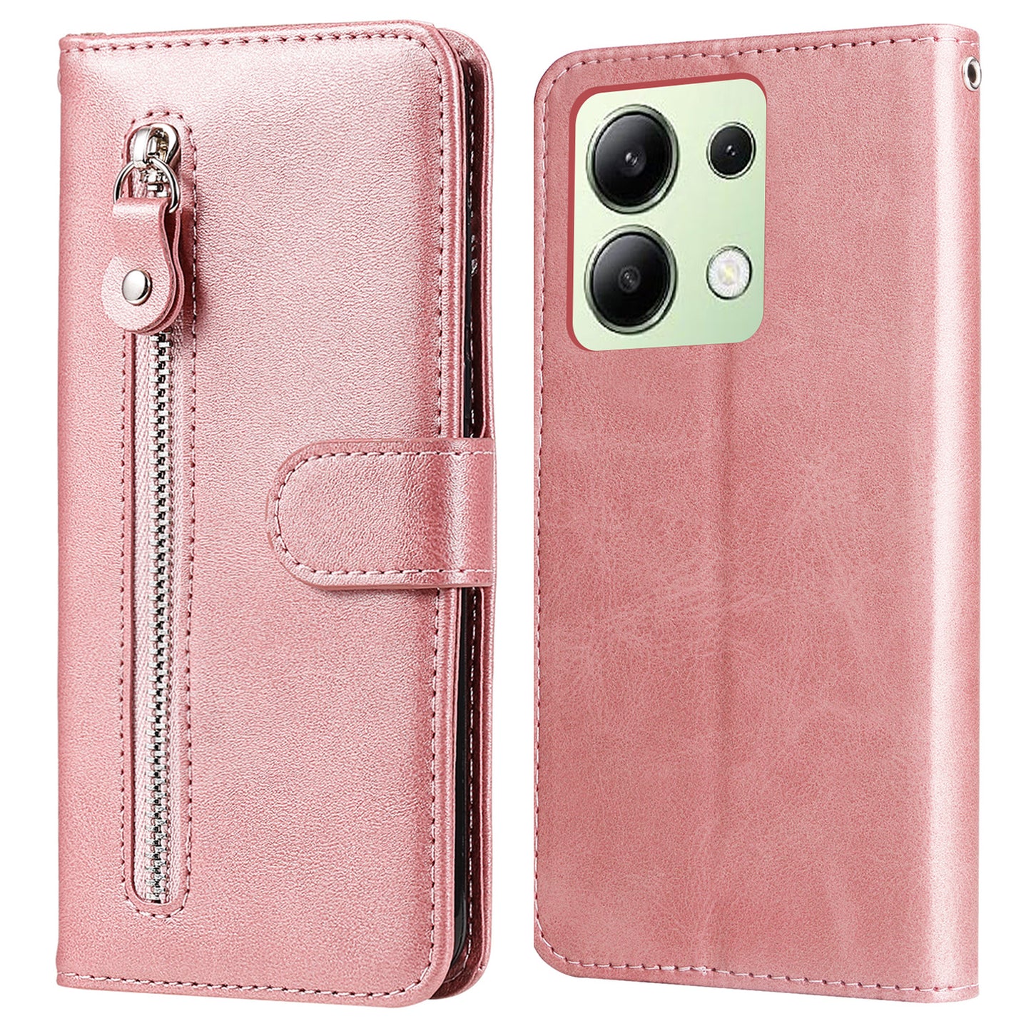For Xiaomi Redmi Note 13 4G Wallet Case Zipper Pocket PU Leather Phone Cover - Pink