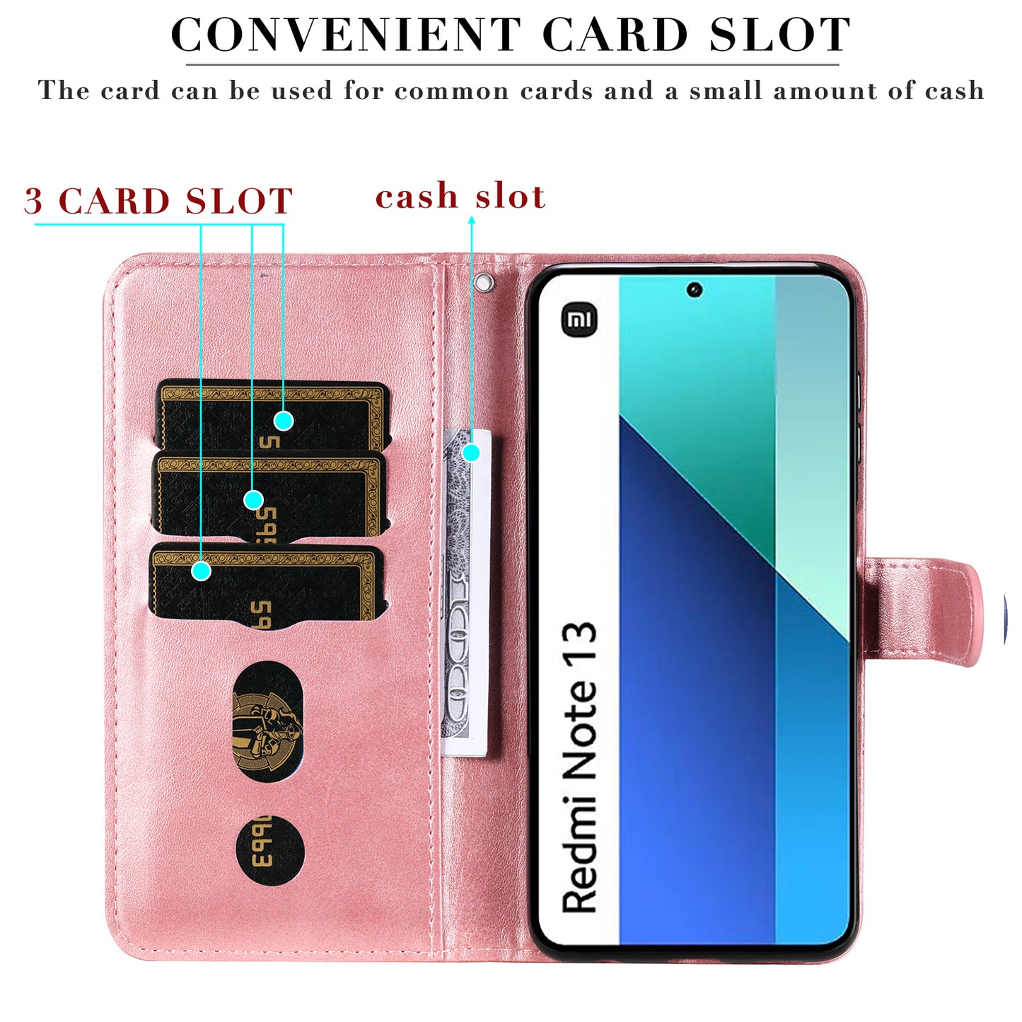 For Xiaomi Redmi Note 13 4G Wallet Case Zipper Pocket PU Leather Phone Cover - Pink