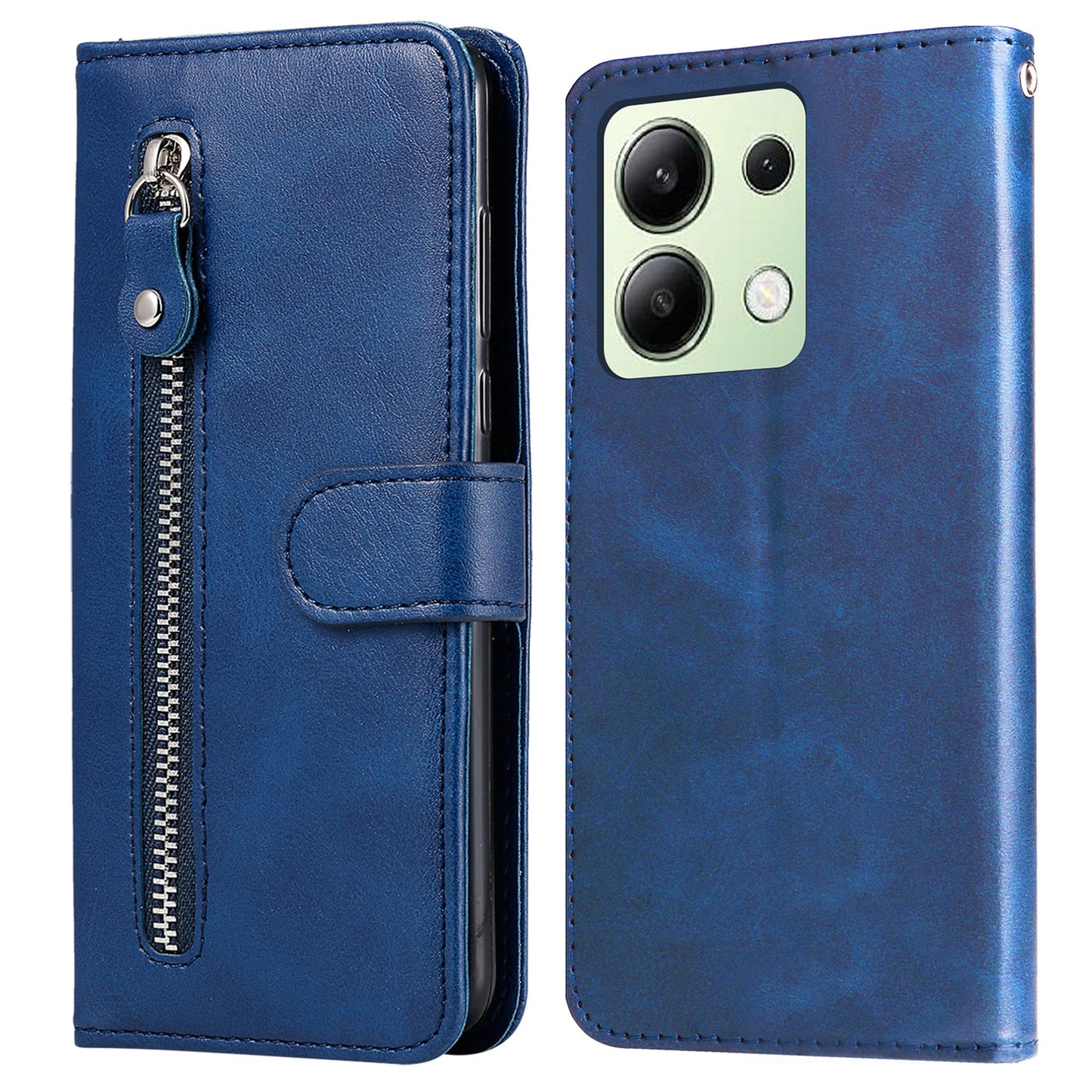 For Xiaomi Redmi Note 13 4G Wallet Case Zipper Pocket PU Leather Phone Cover - Blue