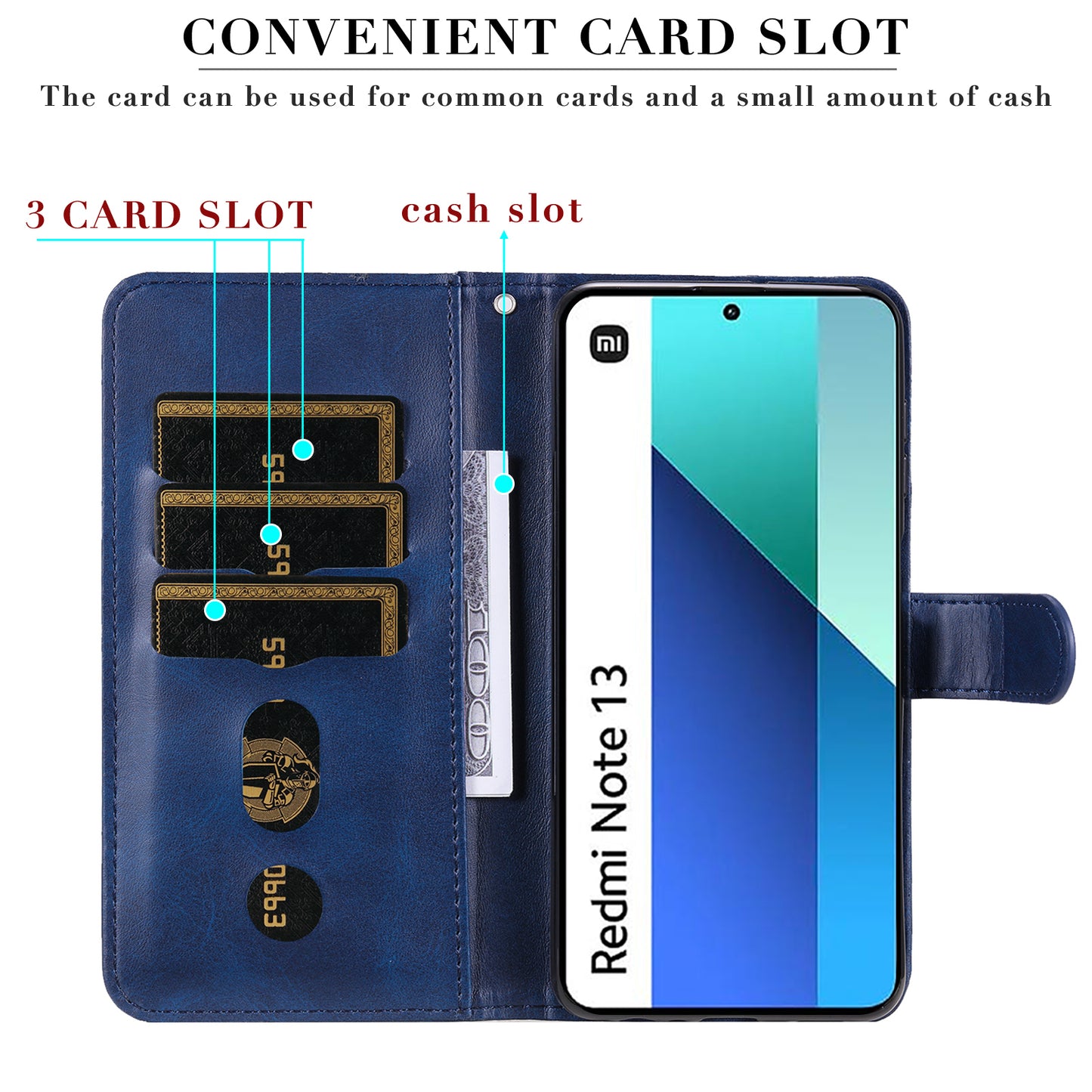For Xiaomi Redmi Note 13 4G Wallet Case Zipper Pocket PU Leather Phone Cover - Blue