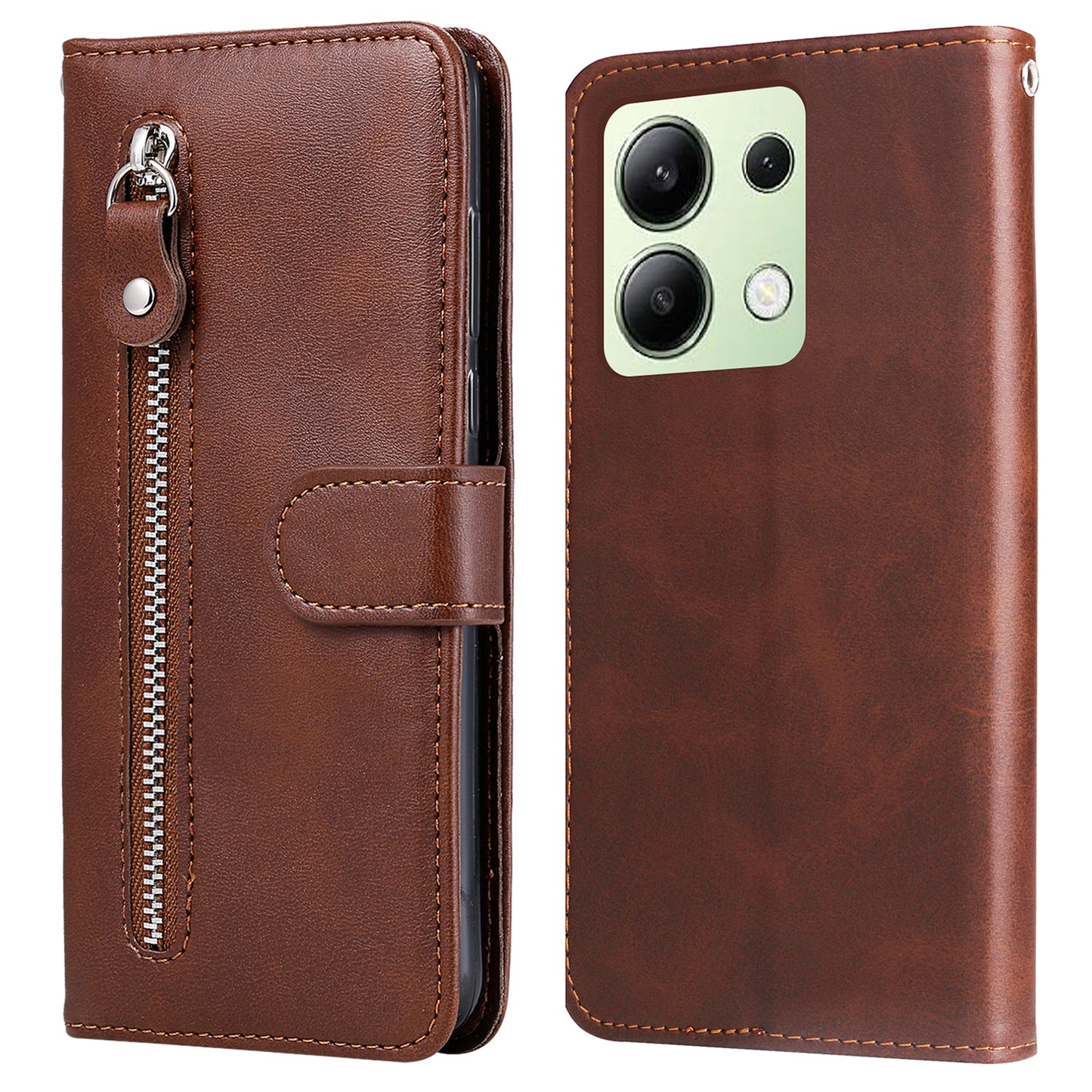 For Xiaomi Redmi Note 13 4G Wallet Case Zipper Pocket PU Leather Phone Cover - Brown