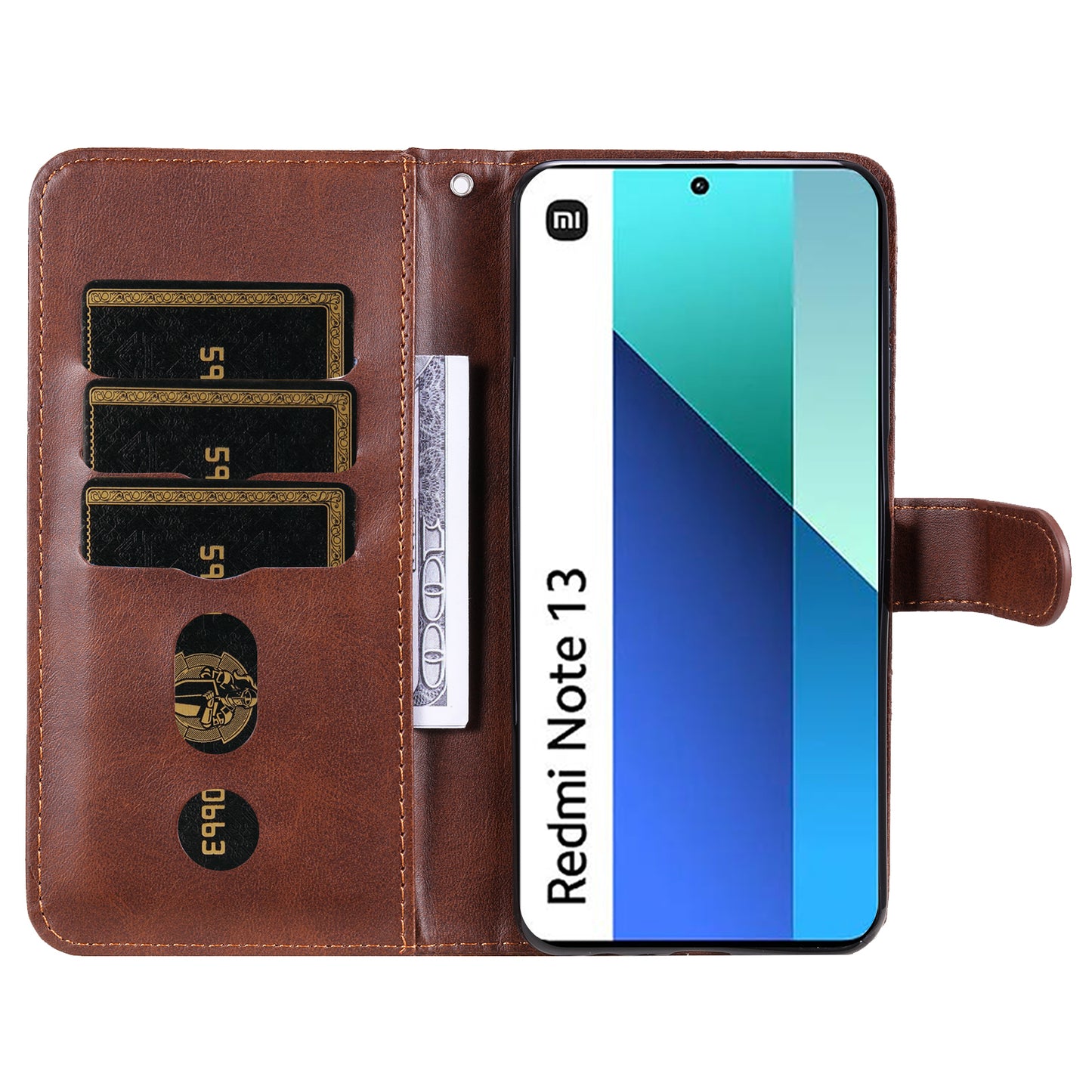 For Xiaomi Redmi Note 13 4G Wallet Case Zipper Pocket PU Leather Phone Cover - Brown