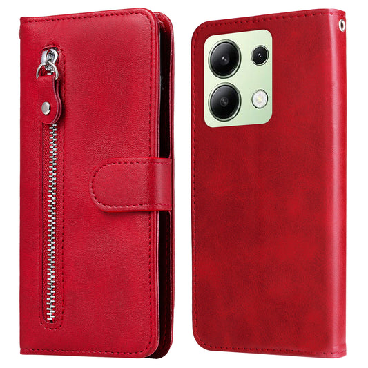 For Xiaomi Redmi Note 13 4G Wallet Case Zipper Pocket PU Leather Phone Cover - Red