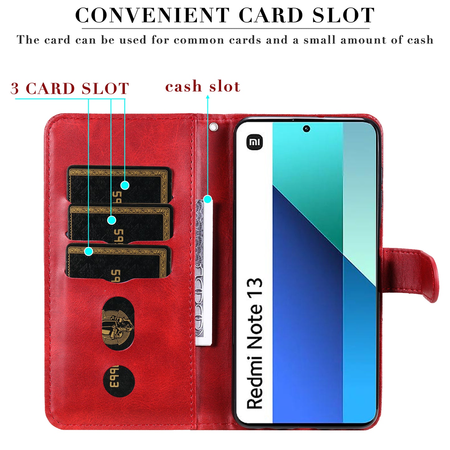 For Xiaomi Redmi Note 13 4G Wallet Case Zipper Pocket PU Leather Phone Cover - Red