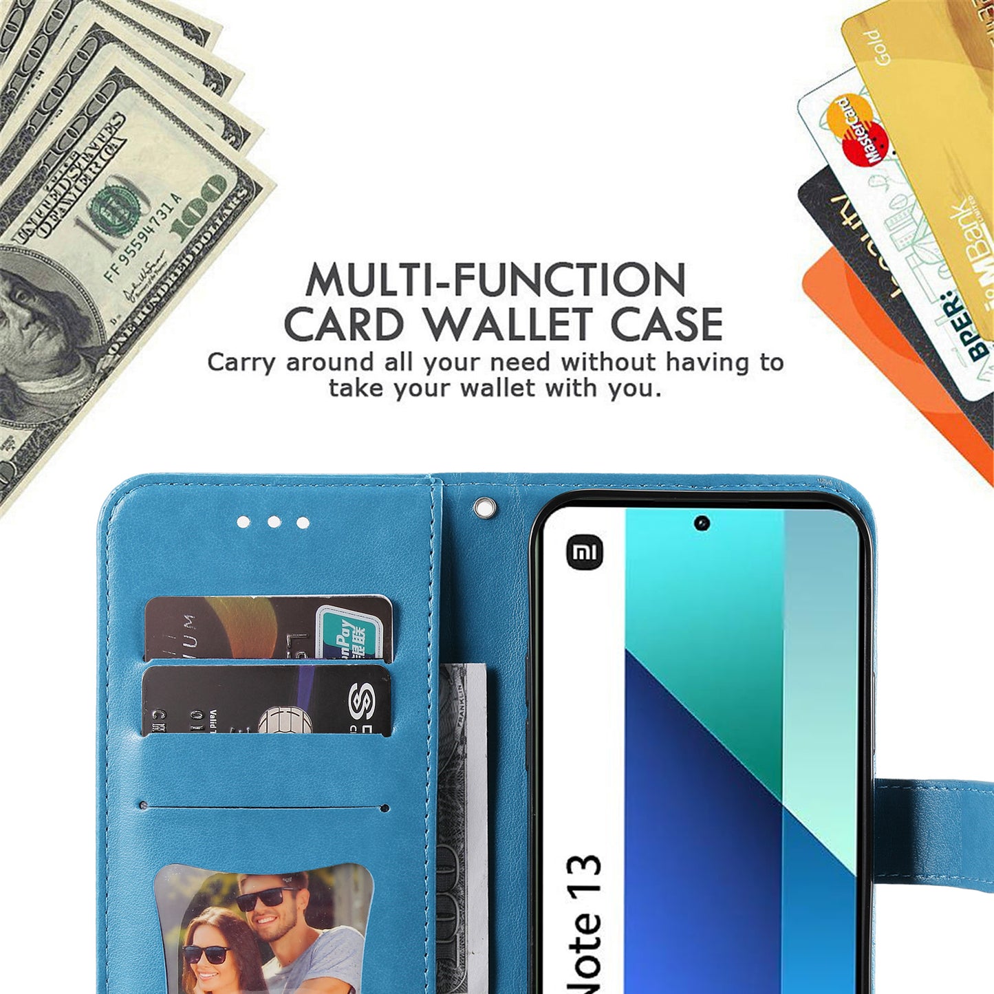 For Xiaomi Redmi Note 13 4G Cover Imprinted PU Leather Flip Stand Phone Case - Blue
