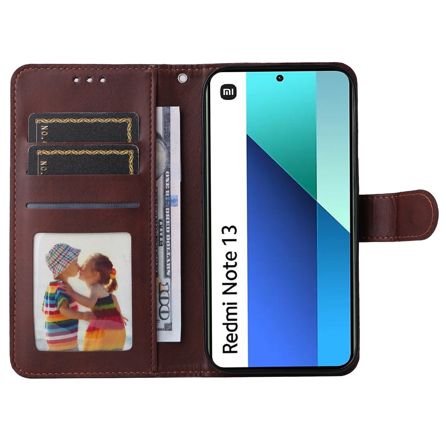 For Xiaomi Redmi Note 13 4G Case PU Leather Cover with Wallet Card Slots - Brown