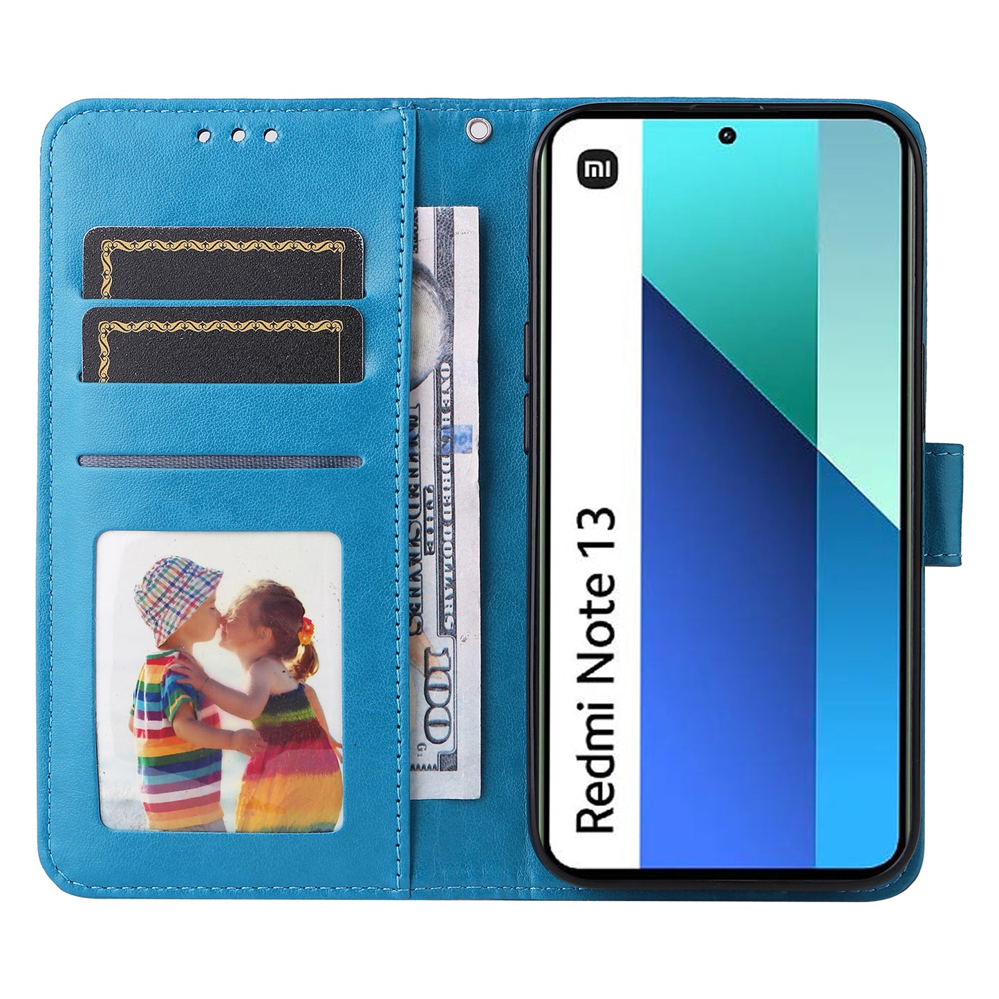 For Xiaomi Redmi Note 13 4G Case Wallet Imprinted Phone Cover with Hand Strap - Blue