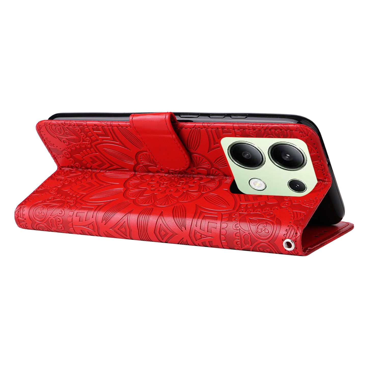For Xiaomi Redmi Note 13 4G Case Wallet Imprinted Phone Cover with Hand Strap - Red