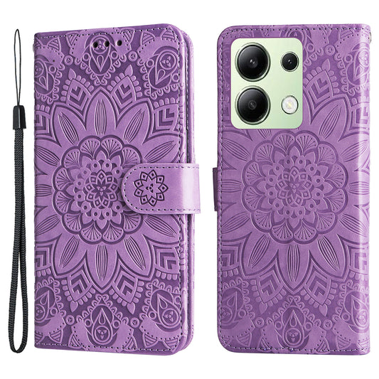 For Xiaomi Redmi Note 13 4G Case Wallet Imprinted Phone Cover with Hand Strap - Purple