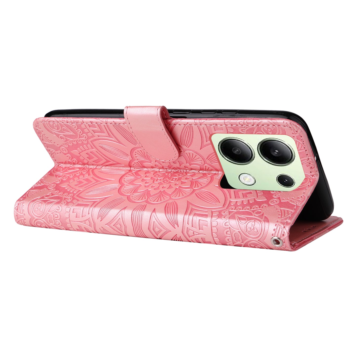 For Xiaomi Redmi Note 13 4G Case Wallet Imprinted Phone Cover with Hand Strap - Pink