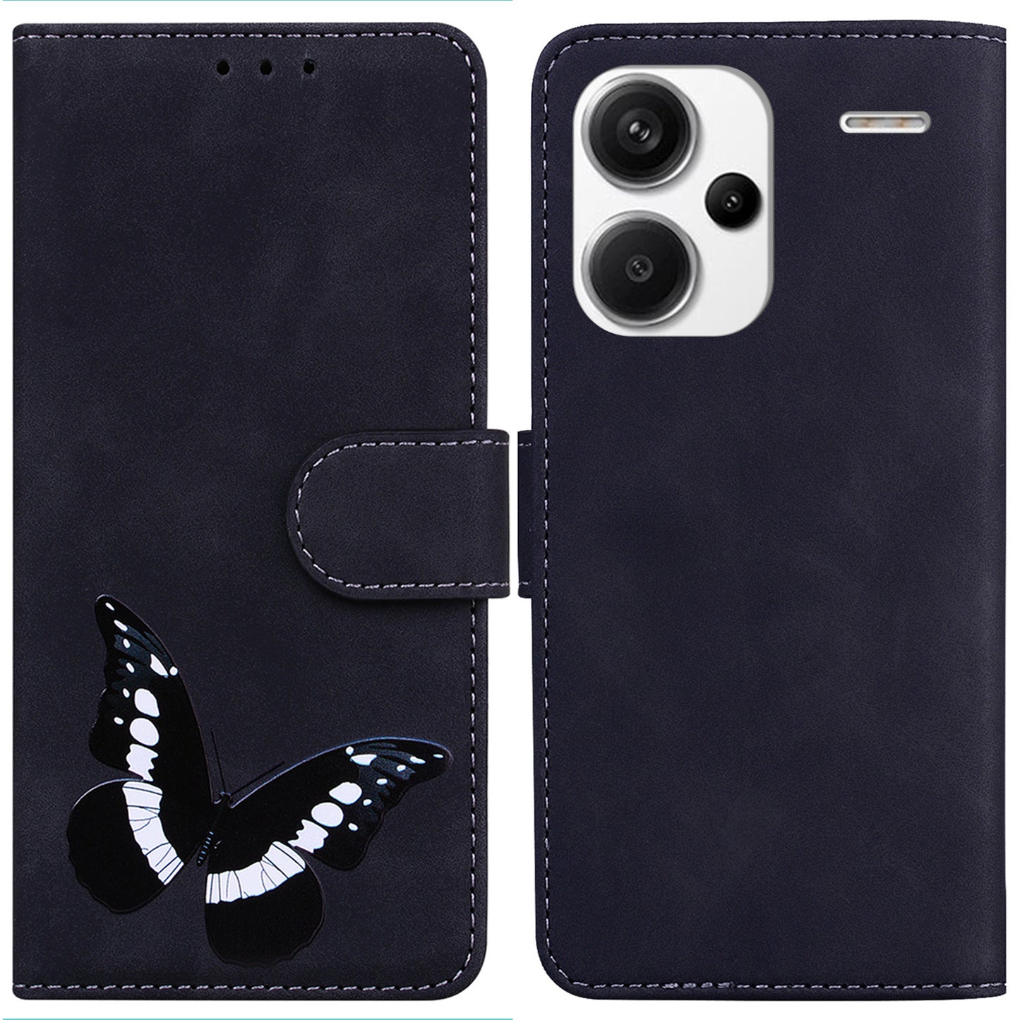 For Xiaomi Redmi Note 13 Pro+ 5G Wallet Case Butterfly Pattern Design PU Leather Phone Cover - Black