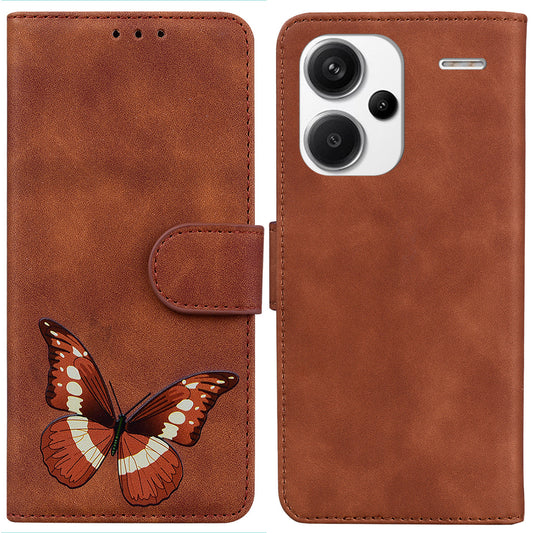For Xiaomi Redmi Note 13 Pro+ 5G Wallet Case Butterfly Pattern Design PU Leather Phone Cover - Brown
