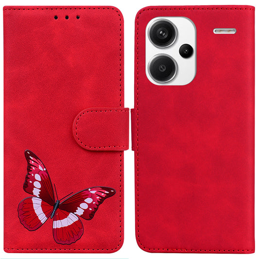 For Xiaomi Redmi Note 13 Pro+ 5G Wallet Case Butterfly Pattern Design PU Leather Phone Cover - Red