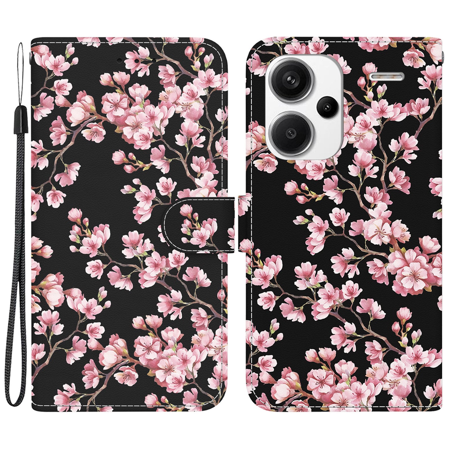 For Xiaomi Redmi Note 13 Pro+ 5G Phone Case Pattern Printing Cover Stand Wrist Strap - Plum Blossom