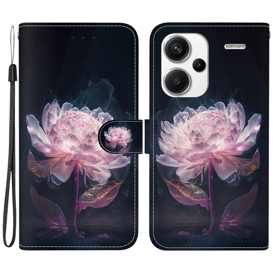 For Xiaomi Redmi Note 13 Pro+ 5G Phone Case Pattern Printing Cover Stand Wrist Strap -  Purple Peony