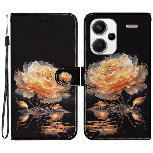 For Xiaomi Redmi Note 13 Pro+ 5G Phone Case Pattern Printing Cover Stand Wrist Strap - Gold Peony