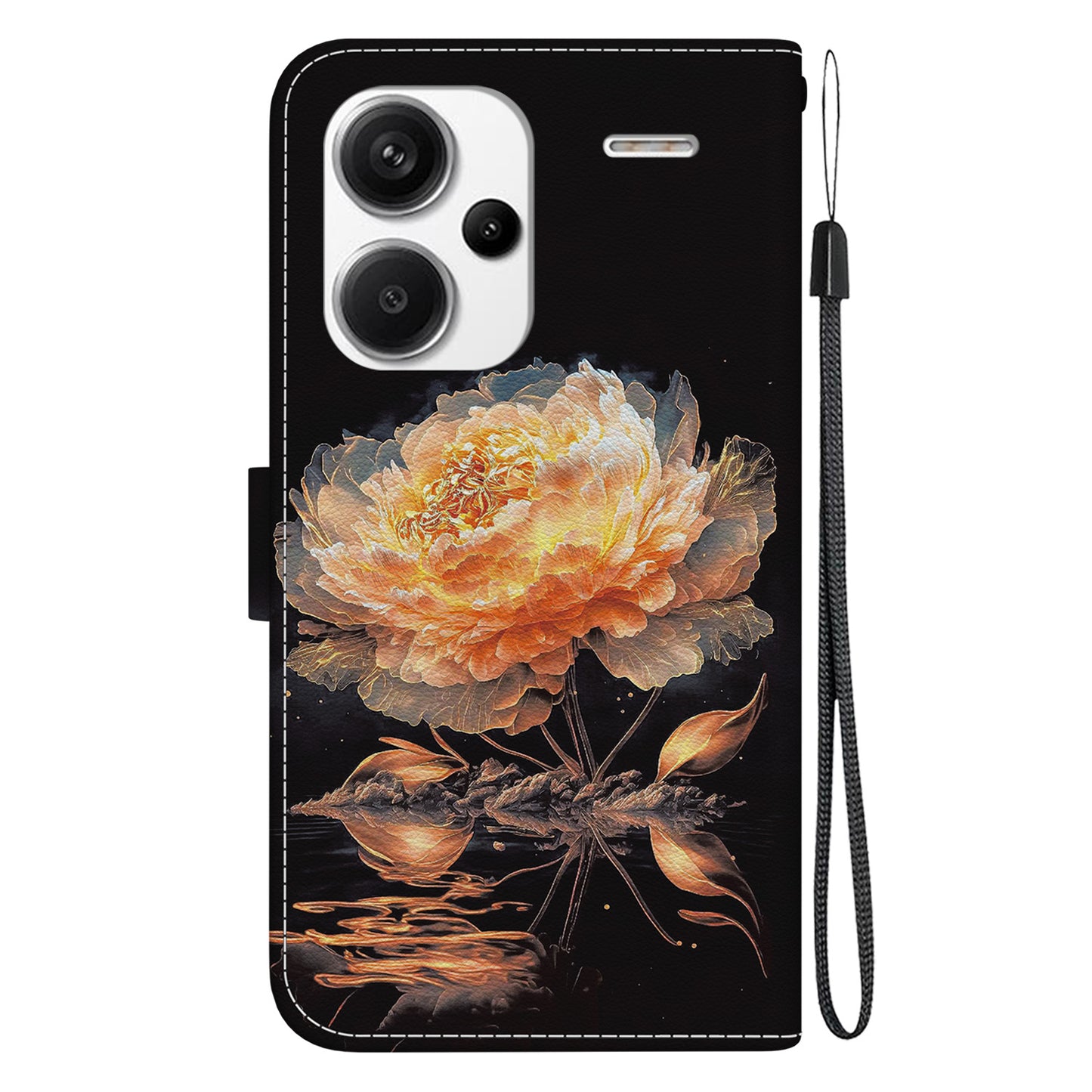 For Xiaomi Redmi Note 13 Pro+ 5G Phone Case Pattern Printing Cover Stand Wrist Strap - Gold Peony