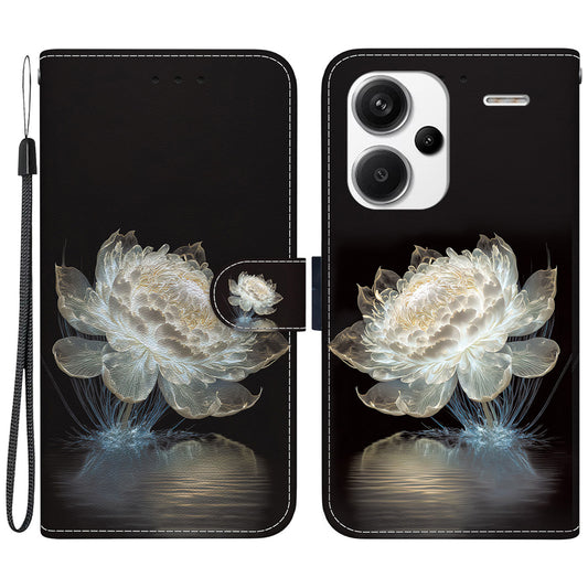 For Xiaomi Redmi Note 13 Pro+ 5G Phone Case Pattern Printing Cover Stand Wrist Strap - Crystal Peony