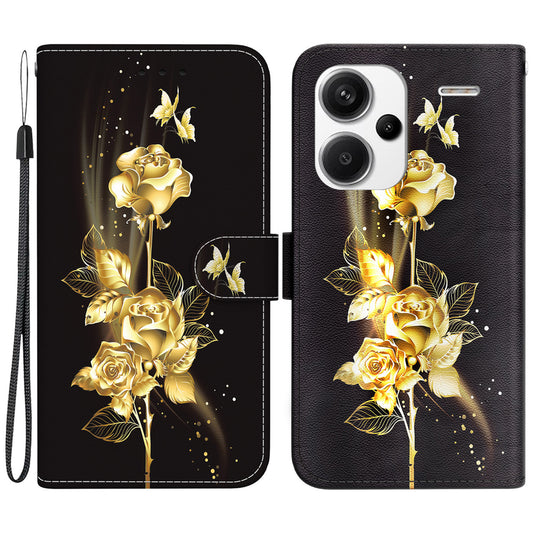 For Xiaomi Redmi Note 13 Pro+ 5G Phone Case Pattern Printing Cover Stand Wrist Strap - Gold Butterfly Rose