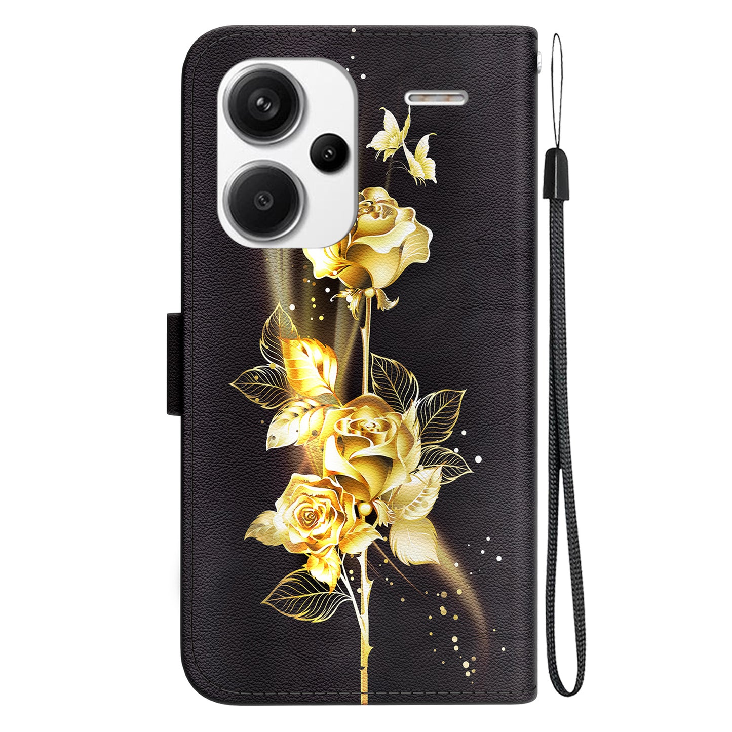 For Xiaomi Redmi Note 13 Pro+ 5G Phone Case Pattern Printing Cover Stand Wrist Strap - Gold Butterfly Rose