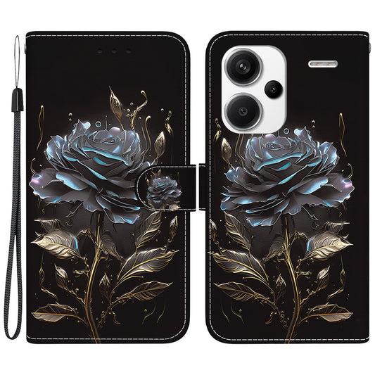 For Xiaomi Redmi Note 13 Pro+ 5G Phone Case Pattern Printing Cover Stand Wrist Strap -  Black Rose