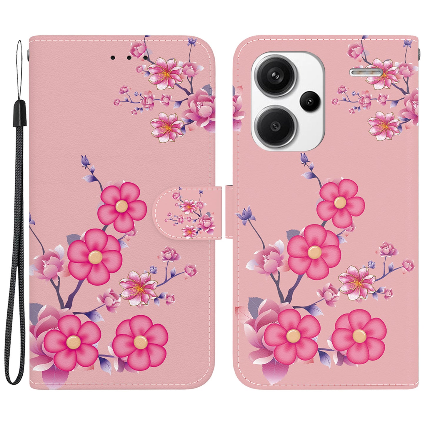 For Xiaomi Redmi Note 13 Pro+ 5G Phone Case Pattern Printing Cover Stand Wrist Strap - Sakura