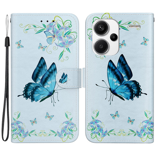 For Xiaomi Redmi Note 13 Pro+ 5G Phone Case Pattern Printing Cover Stand Wrist Strap - Blue Butterfly Flower