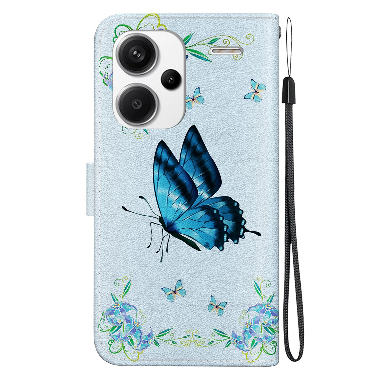 For Xiaomi Redmi Note 13 Pro+ 5G Phone Case Pattern Printing Cover Stand Wrist Strap - Blue Butterfly Flower