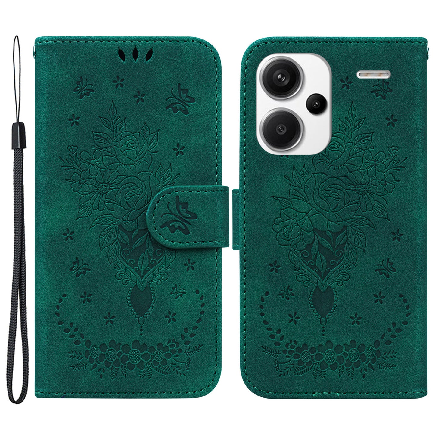 For Xiaomi Redmi Note 13 Pro+ 5G Magnetic Phone Case Rose Butterfly Imprinted Cover - Green