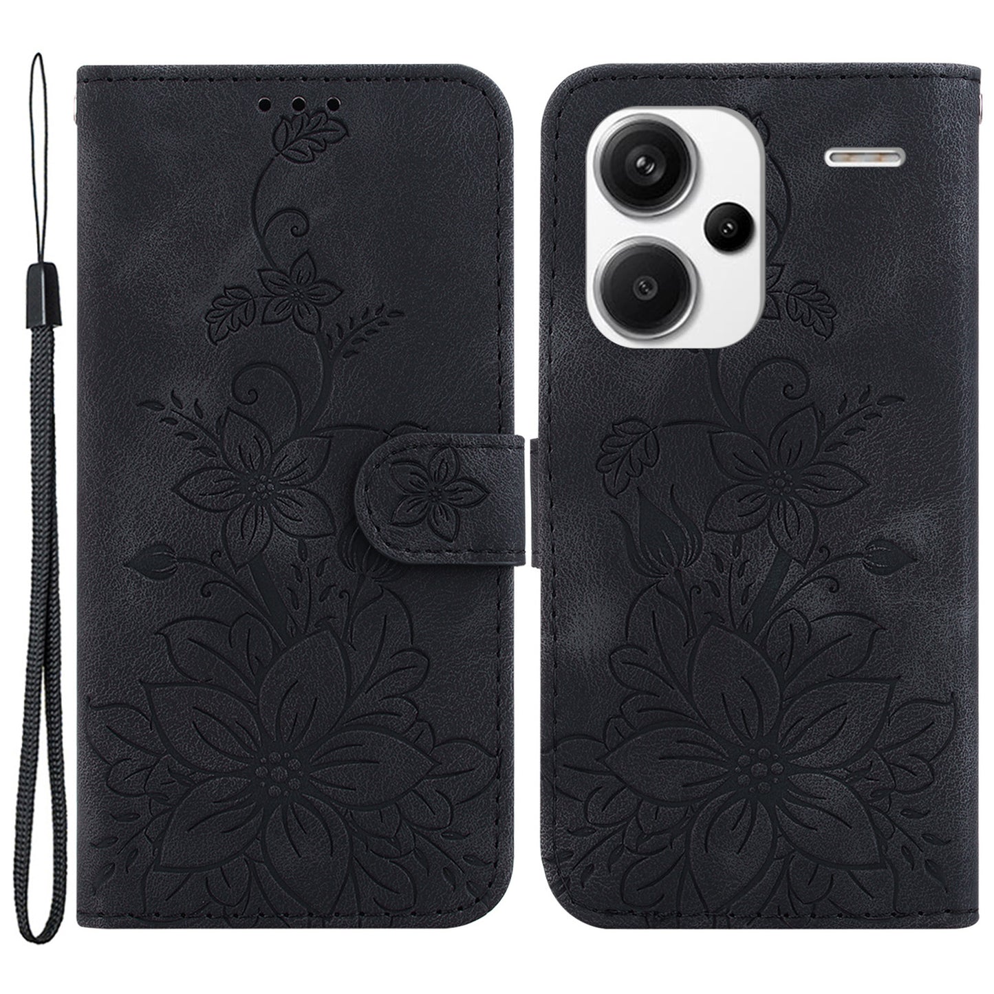 For Xiaomi Redmi Note 13 Pro+ 5G Wallet Case Flower Magnetic Leather Folio Phone Cover - Black