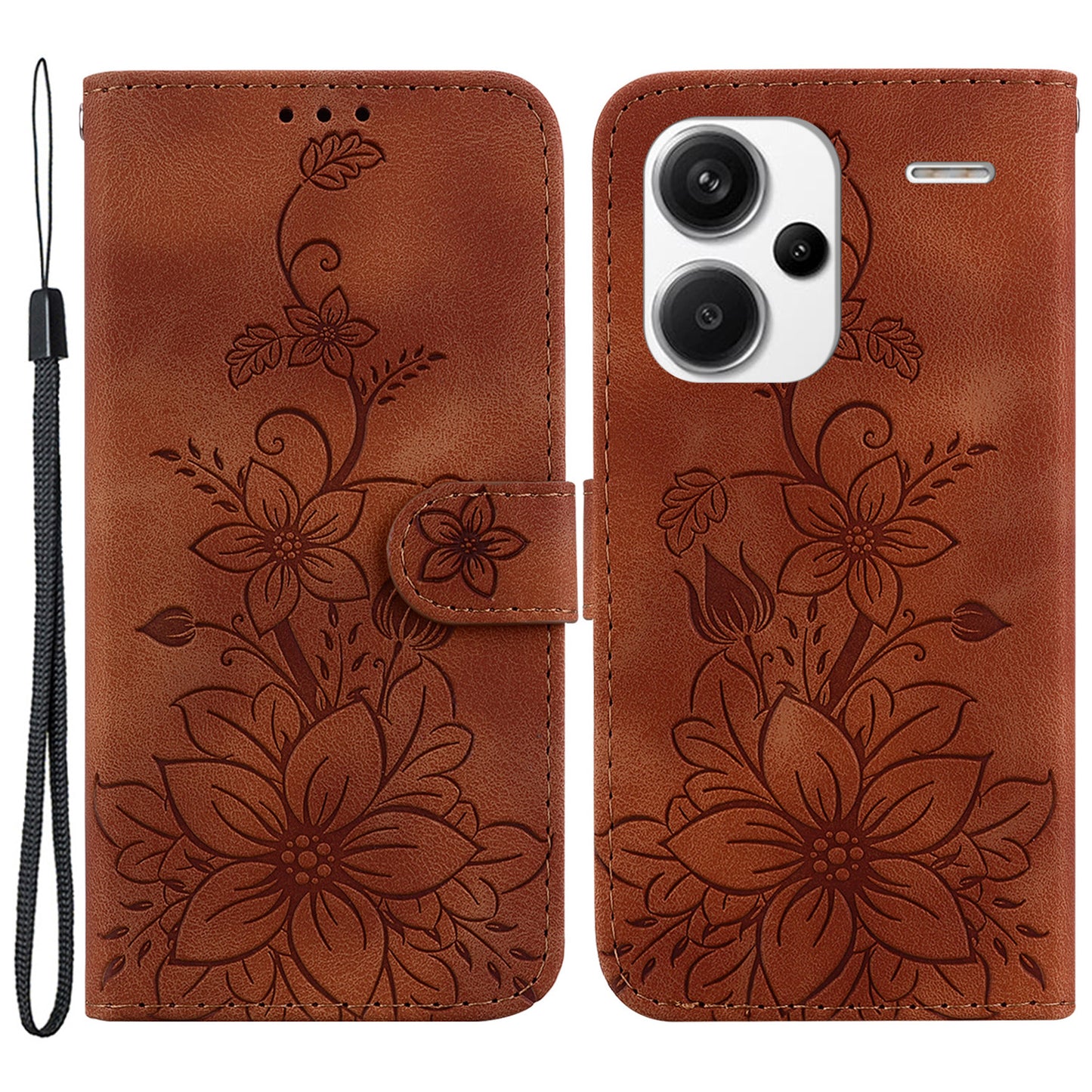 For Xiaomi Redmi Note 13 Pro+ 5G Wallet Case Flower Magnetic Leather Folio Phone Cover - Brown