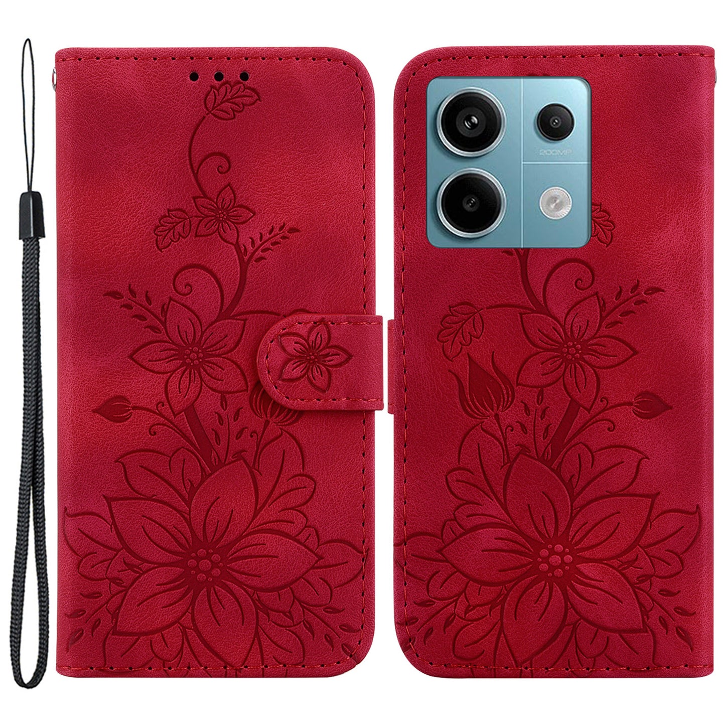 For Xiaomi Redmi Note 13 Pro 5G / Poco X6 5G Phone Cover Flower Wallet Leather Case with Card Holder - Red