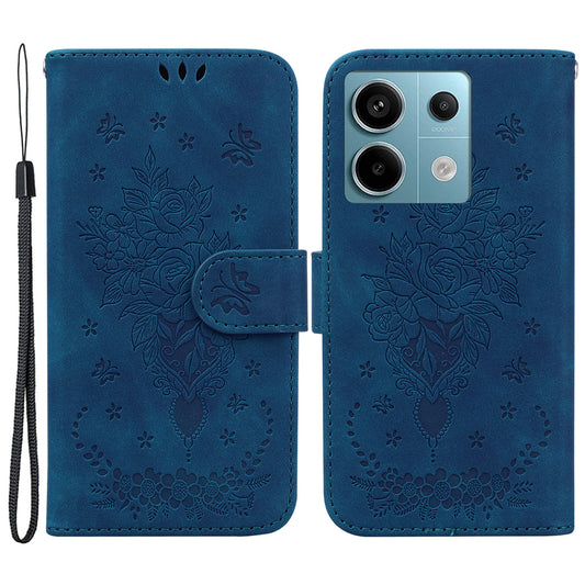 For Xiaomi Redmi Note 13 Pro 5G / Poco X6 5G Case Imprinted Rose Butterfly Phone Stand Cover - Blue