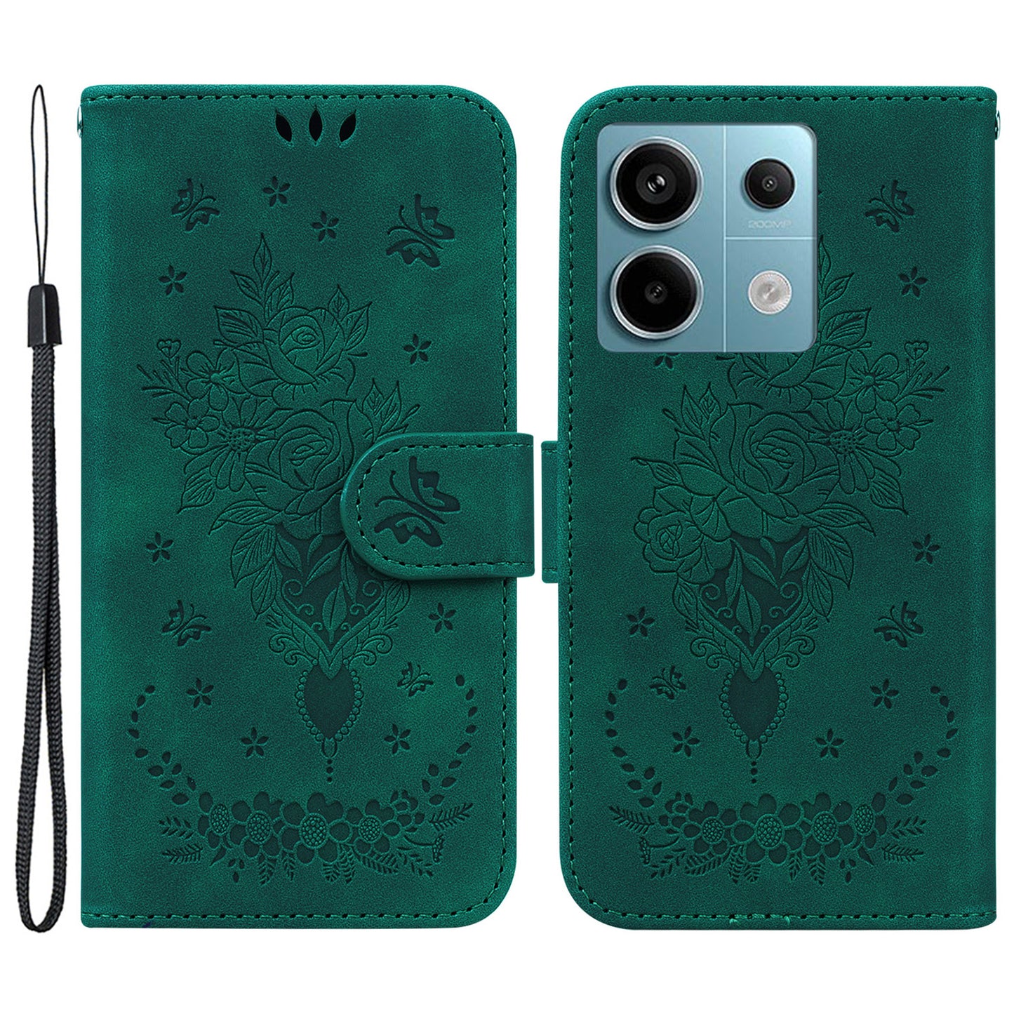 For Xiaomi Redmi Note 13 Pro 5G / Poco X6 5G Case Imprinted Rose Butterfly Phone Stand Cover - Green