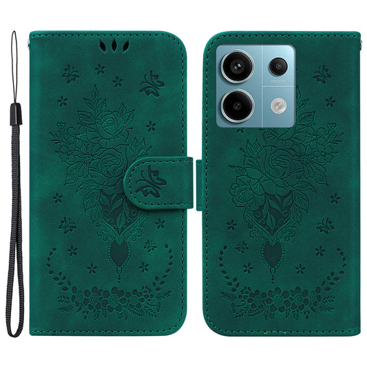 For Xiaomi Redmi Note 13 Pro 5G / Poco X6 5G Case Imprinted Rose Butterfly Phone Stand Cover - Green