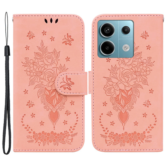 For Xiaomi Redmi Note 13 Pro 5G / Poco X6 5G Case Imprinted Rose Butterfly Phone Stand Cover - Pink