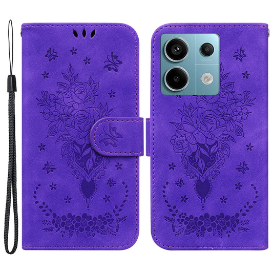 For Xiaomi Redmi Note 13 Pro 5G / Poco X6 5G Case Imprinted Rose Butterfly Phone Stand Cover - Purple