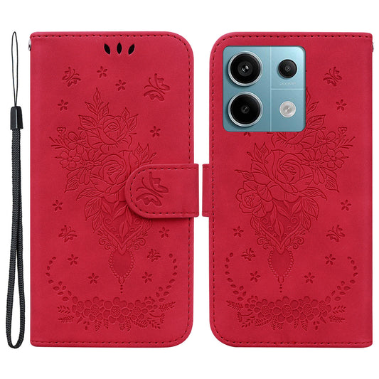 For Xiaomi Redmi Note 13 Pro 5G / Poco X6 5G Case Imprinted Rose Butterfly Phone Stand Cover - Red