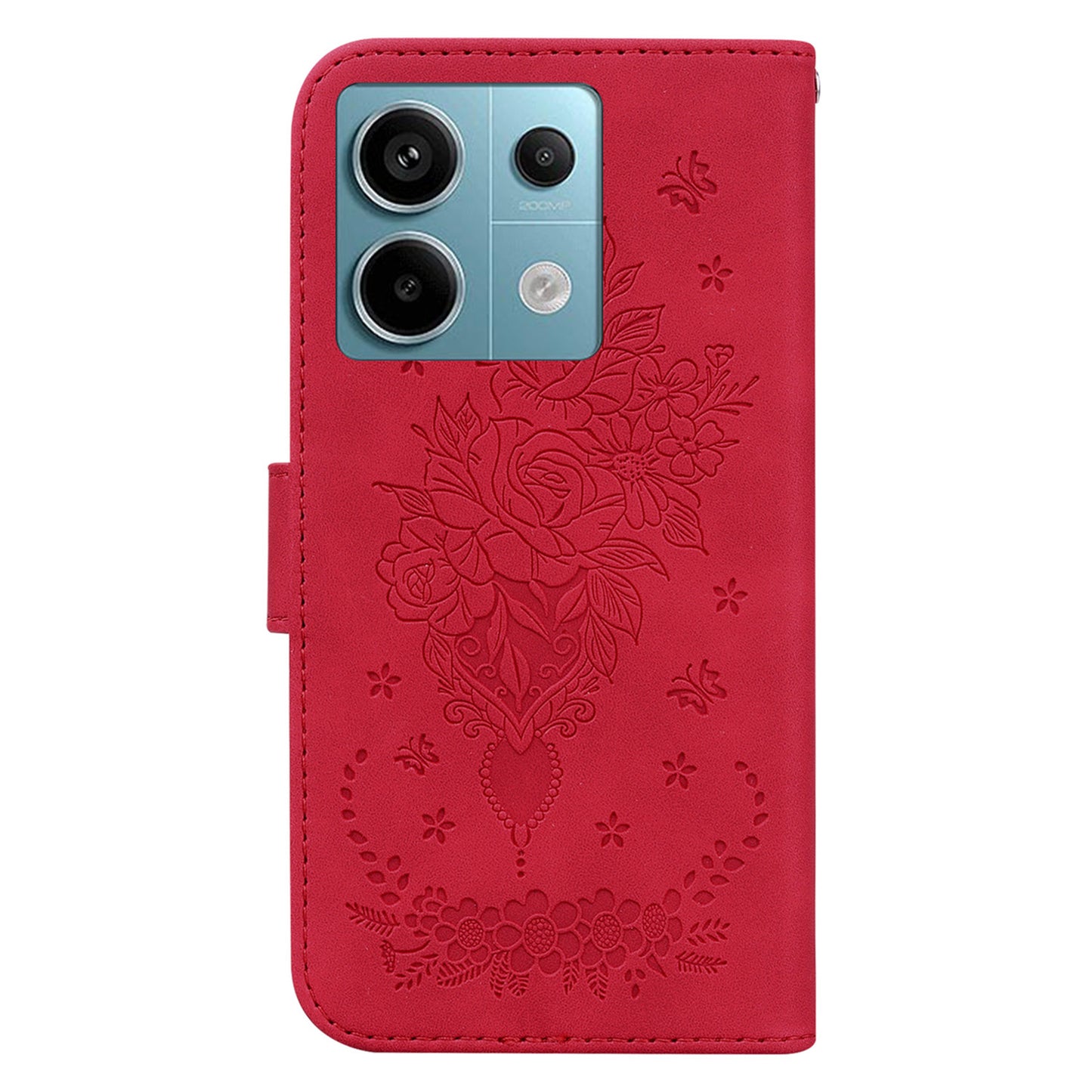 For Xiaomi Redmi Note 13 Pro 5G / Poco X6 5G Case Imprinted Rose Butterfly Phone Stand Cover - Red