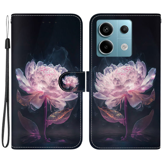 For Xiaomi Redmi Note 13 Pro 5G / Poco X6 5G Wallet Case Phone Leather Cover Pattern Printing  - Purple Peony