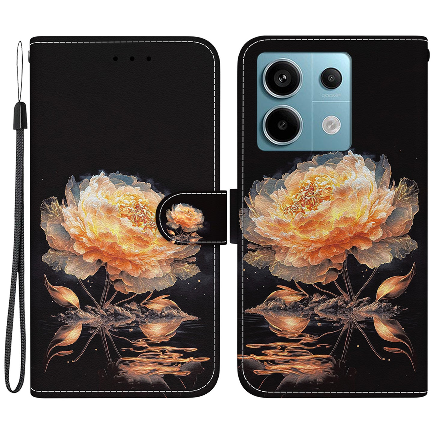 For Xiaomi Redmi Note 13 Pro 5G / Poco X6 5G Wallet Case Phone Leather Cover Pattern Printing  - Gold Peony